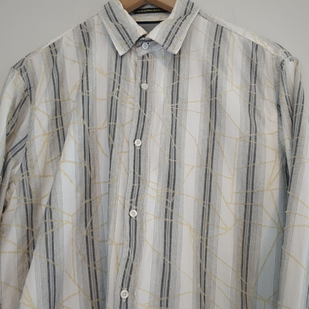 Point Zero Men's Casual Button Down Shirt - White, Gray, Gold